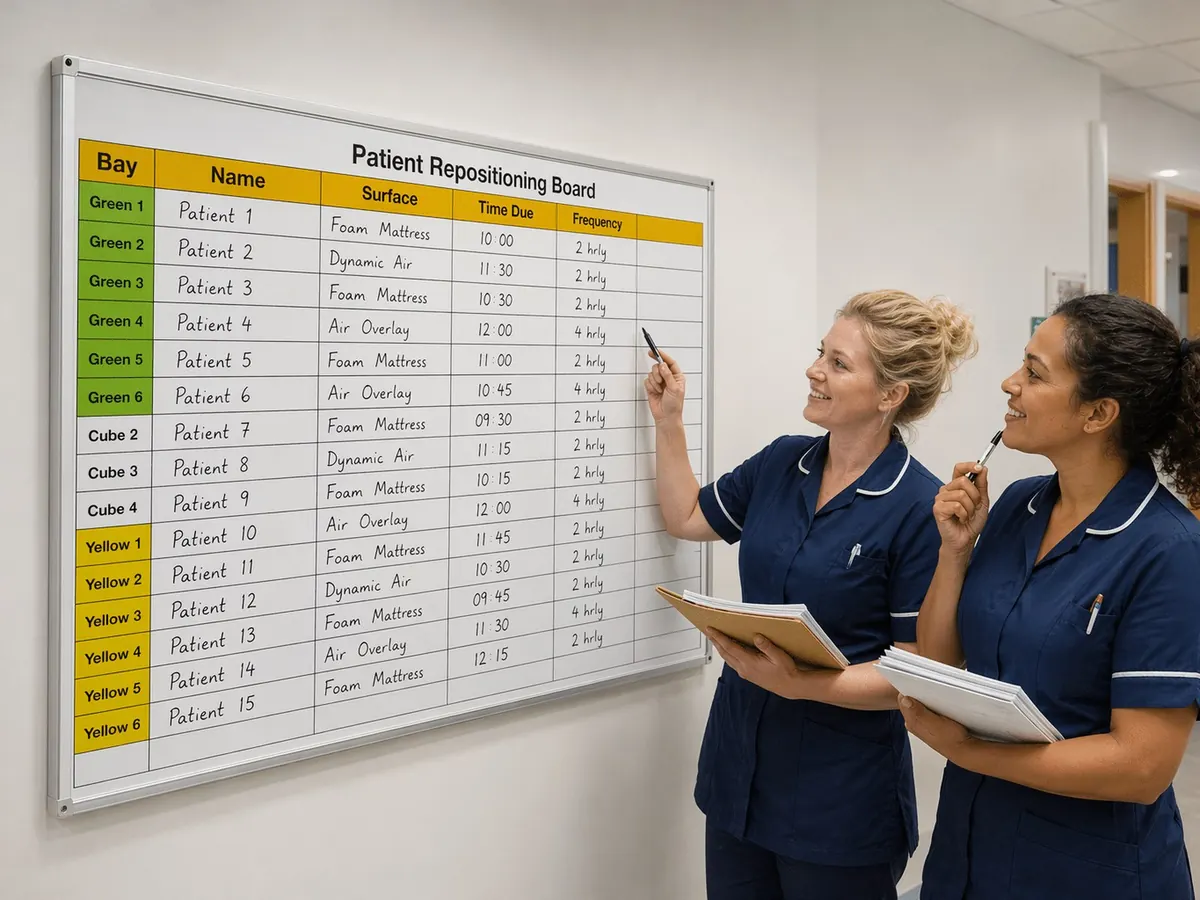 Community nurses planning patient care at a ward board